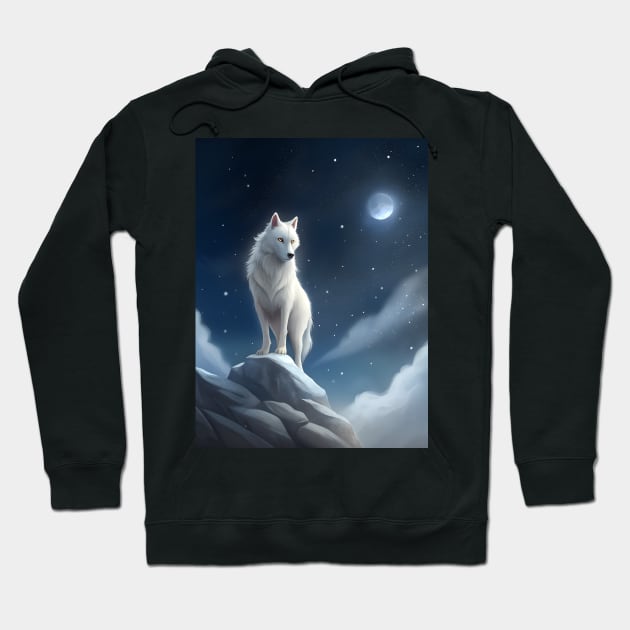 White Wolf Hunting Ground, Winter Mountain Icy Moon, Forest, Galaxy Beautiful gifts Novelty a Wolf portrait Watercolor Hoodie by sofiartmedia